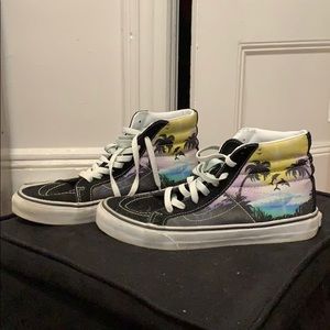 Size 8.5 w: High tops Vans. Sunset palm trees